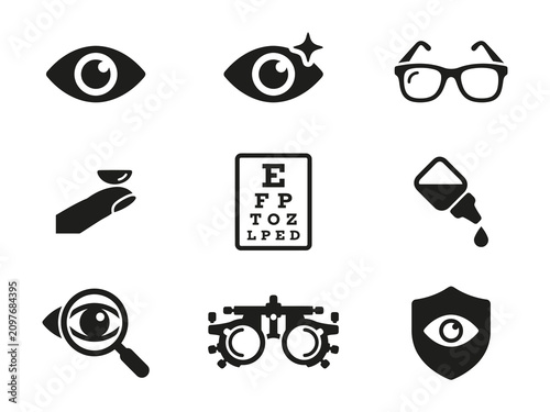Fotografie Set of black eye care and vision icons for ophthalmology medical and optical cli