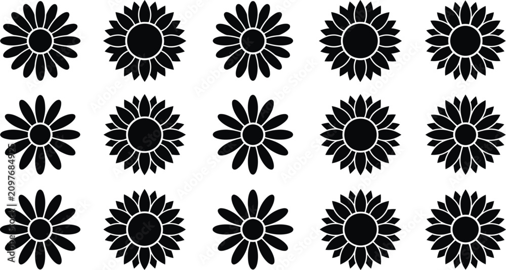 Obraz premium Set of minimalist black flower icons simple flat vector design elements for web and mobile apps isolated on a white background