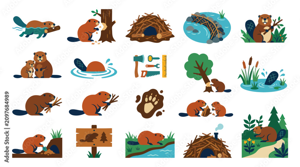 Obraz premium Flat Design Beaver Wildlife Vector Illustrations Set: Animal Life, Dam Building, Lodge, and Nature Elements