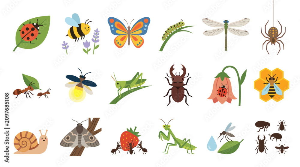 Obraz premium Flat Vector Illustration of Cute Insects and Bugs Set for Nature, Education, and Kids