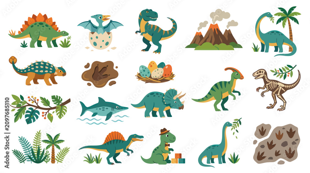 Obraz premium Cute Dinosaurs Flat Illustration Vector Collection. Prehistoric Animals, Volcanoes, Eggs, and Footprints for Children's Education.