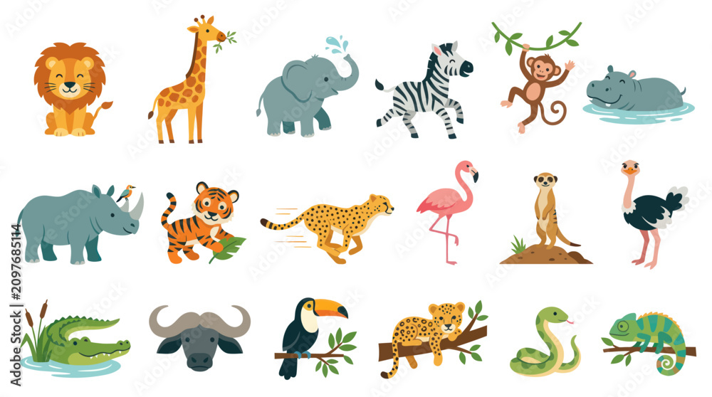 Obraz premium Cute Safari Animals Vector Collection: Lion, Giraffe, Elephant, Zebra, Monkey, Hippo