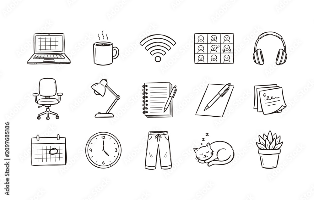 Fototapeta premium Remote work lifestyle icon set featuring laptop wifi video call setup office chair stationery and coffee break