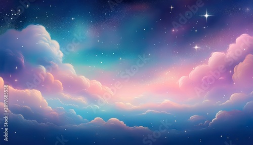Dreamy Starry Night Sky Above Pastel Clouds With Celestial Glow Gradient Horizon And Ethereal Atmospheric Background