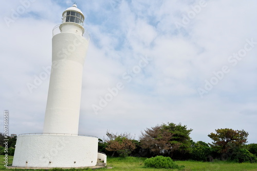 White Hitachi Lighthouse standing under blue sky, Ibaraki, Japan