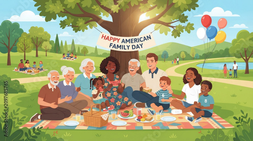 Multigenerational family enjoying outdoor picnic celebration under large tree with festive banner with depicts cheerful multigenerational gathered joyful outdoor