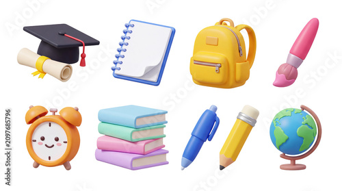 3d school supplies collection icons set on transparent background