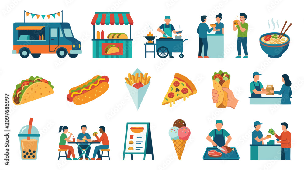 Fototapeta premium Flat Vector Street Food Service Elements Illustration Set: Food Trucks, Fast Food, Vendors Customers Concepts