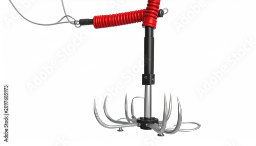 Metal grappling hook with red coiled hose, suspended by wire