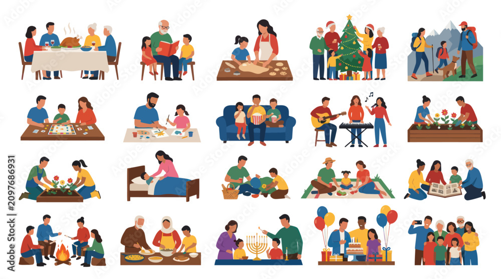 Fototapeta premium Flat Design Vector Set: Family Lifestyle, Activities, Holidays, and Togetherness Scenes