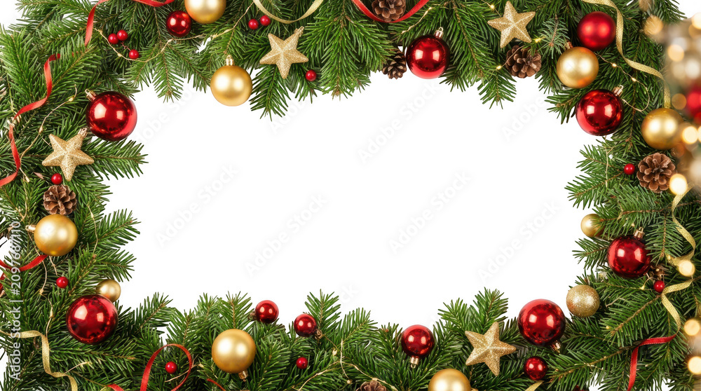Fototapeta premium Christmas wreath frame with ornaments and pine branches isolated on transparent background