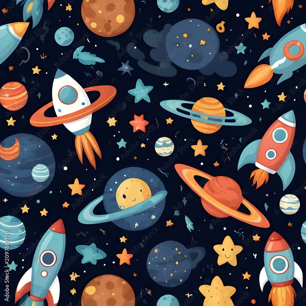 Seamless pattern for kids cute outer space theme cartoon rockets smiling planets shooting stars and constellations dark navy background with pastel accents playful vector design