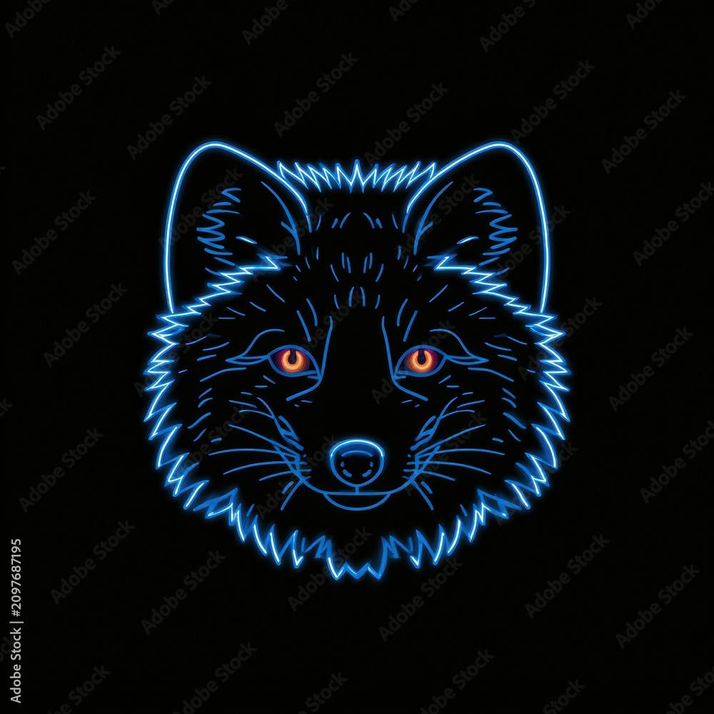 Fototapeta premium An arctic fox face features large ears and bright eyes in neon colors with a dark background highlighting its design and expression