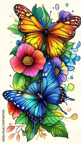 Vibrant Watercolor butterflies and hibiscus flowers colorful digital illustration