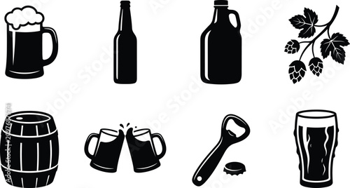 Canvas Print Beer and Brewing Silhouette Icons Featuring Mug, Bottle, Growler, Hop Plant, Bar