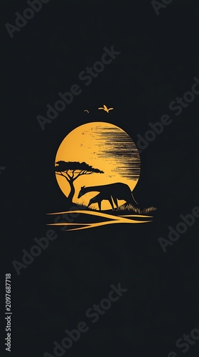 African safari sunset silhouette giraffe and acacia tree landscape