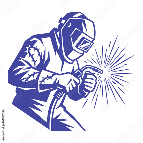 Schilderij op canvas Welder at work blue line art illustration for industrial designs