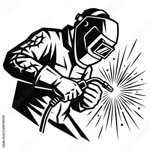 Foto Welder at work black and white engraving of industrial metal fabrication