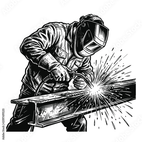 Photos Welder at work vintage style engraving of industrial fabrication process