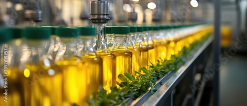 Conveyor belt with bottles of golden yellow liquid green caps and green plants