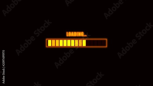 Glowing Orange Progress Bar Animation with Loading Text on Black Background for Video Interface and Game Design Elements