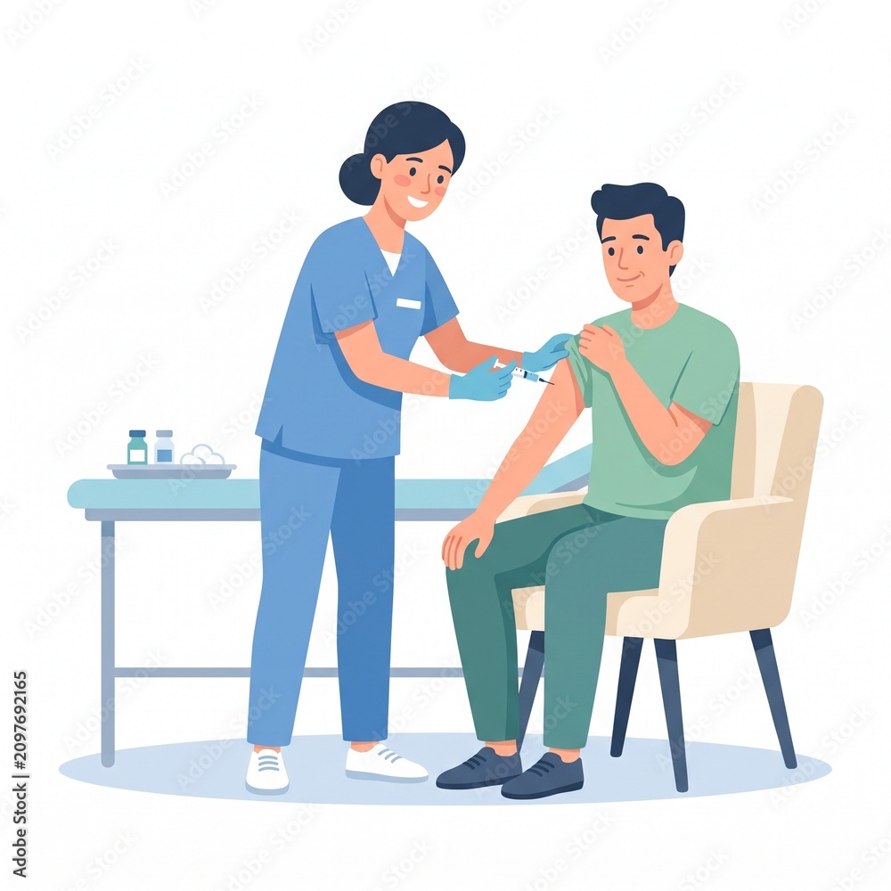 Obraz premium Vaccination Scene: A smiling healthcare professional administers a vaccine to a man seated in a chair, representing a moment of medical care and public health.