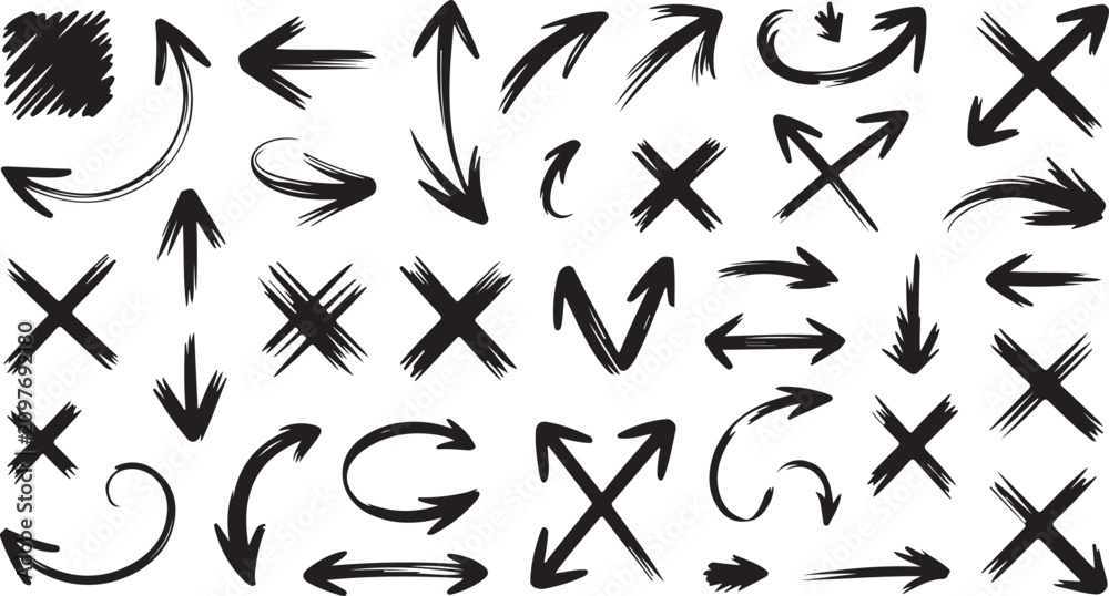 Fototapeta premium arrow ink brushstroke arrows x marks hand drawn symbols pack