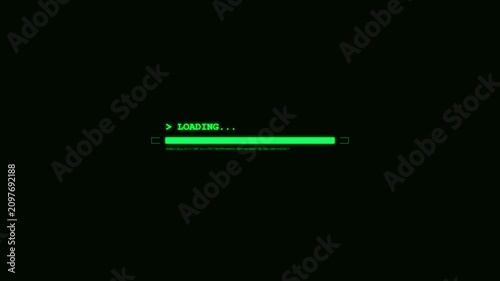 Retro Green Digital Loading Bar Animation with Dynamic Terminal Text on Black Background for Tech Media
