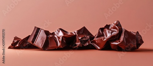 Broken dark chocolate pieces on reddish background