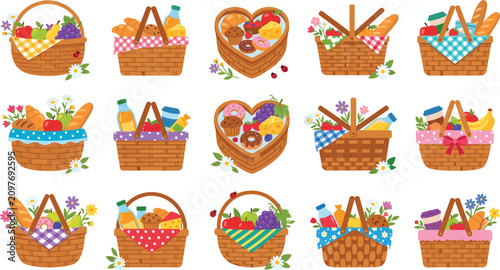 Cuadro en lienzo Cute picnic baskets vector illustration set featuring wicker hampers packed with