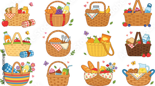 Foto Cute picnic baskets vector illustration set featuring wicker hampers packed with
