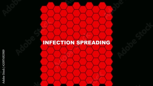 Red Glowing Hexagon Grid Animation with Infection Spreading Warning Text for Science and Medical Data Visualization