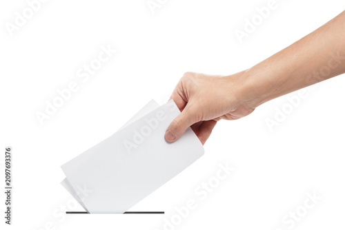 Hand inserting folded ballot paper into voting box slot, isolated on transparent cutout background