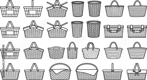 Quadro su tela Wicker and picnic baskets outline icon set vector illustration featuring an asso