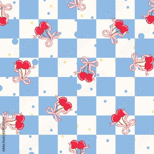 Cherry Ribbon Plaid Pattern Print