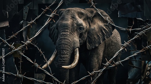 Elephant Conservation Awareness Concept with Barbed Wire Fence for Wildlife Protection and Animal Rights Advocacy Website Banner