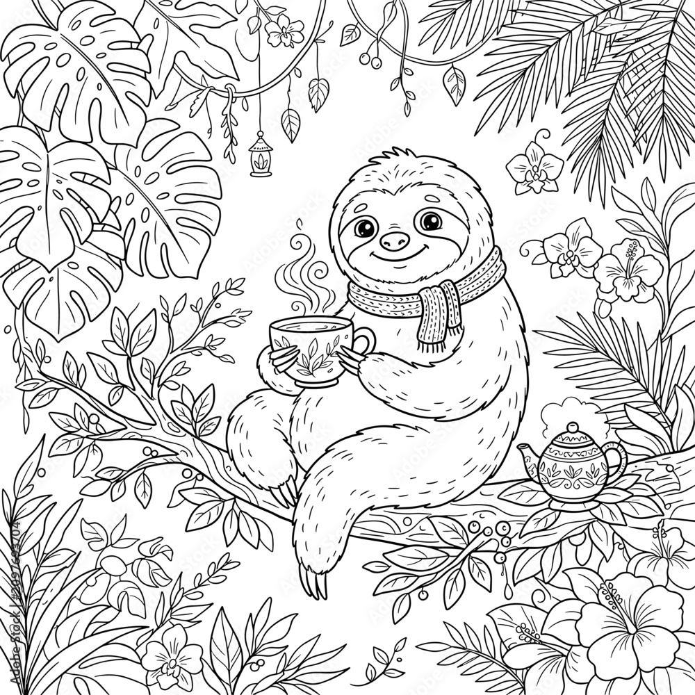 Obraz premium Cute sloth drinking tea in jungle coloring page