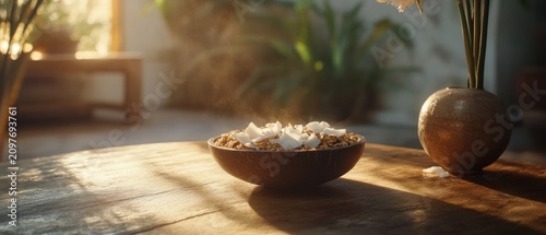Warm sunlight illuminates granola breakfast bowl with coconut flakes