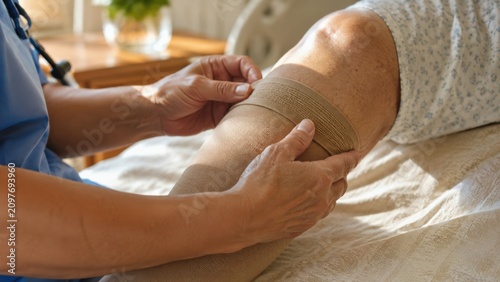 Nurse applying compression stocking to senior patient's leg