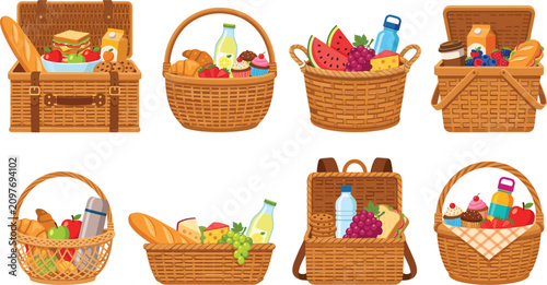 Summer picnic hampers vector illustration set with wicker baskets full of food, drinks, and snacksSummer picnic hampers vector illustration set with wicker baskets full of food, drinks, and snacks