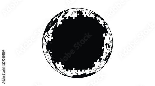 Canvastavla Black Silhouette Of A Jigsaw Puzzle Globe With Missing Pieces