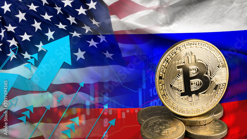 Obraz na płótnie Bitcoin, cryptocurrencies, and the US and Russian flags: Digital currencies fluc