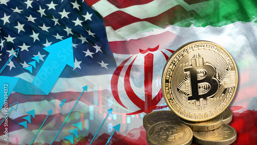 Tableau sur toile Bitcoin, cryptocurrencies, and the US and Iranian flags: Digital currencies fluc