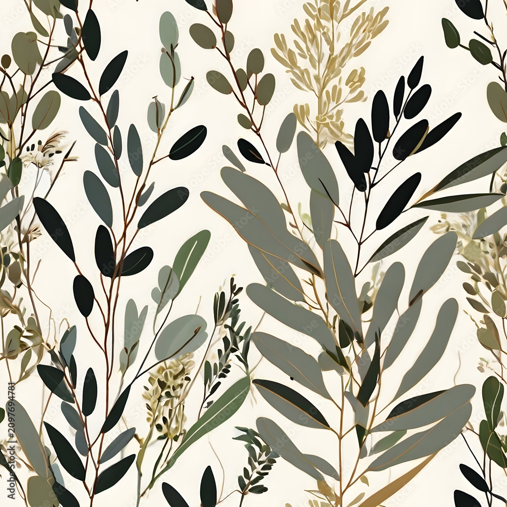 Seamless vector pattern minimalist eucalyptus leaves elegant fine line art drawing botanical illustration soft olive green and warm oat milk background clean scandinavian design