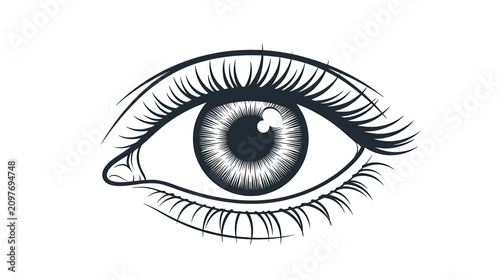 Foto Close-up of a stylized human eye with detailed iris and lashes, black and white