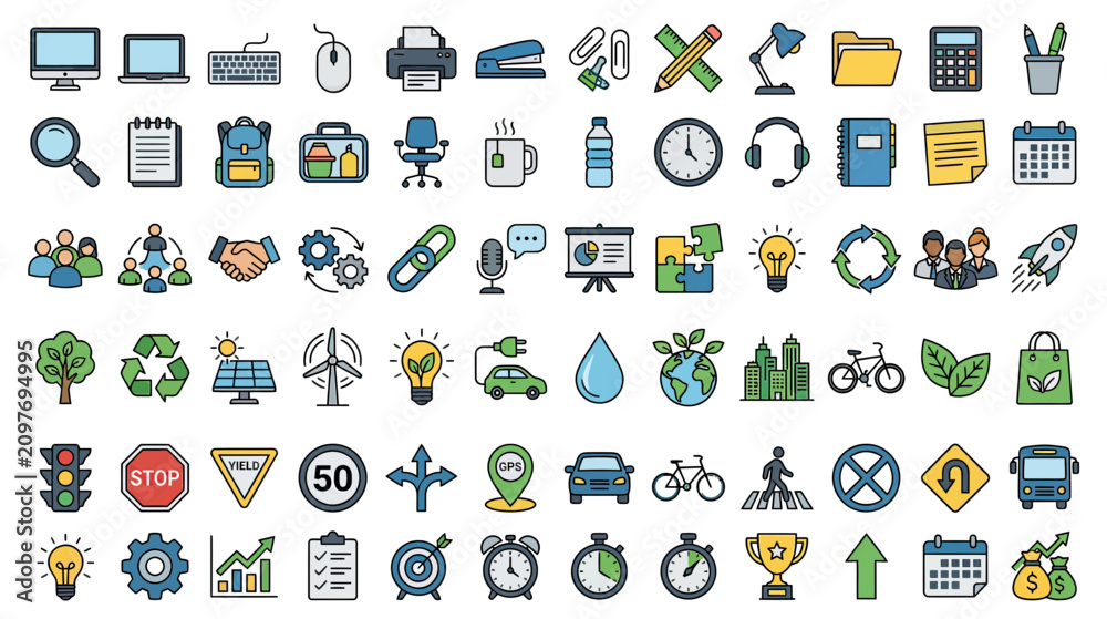 Naklejka premium Business and Technology Icons Set: Office, Finance, Ecology, Travel, and More