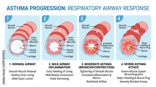 Quadro su tela Asthma Progression: Respiratory Airway Response Stages 1-4