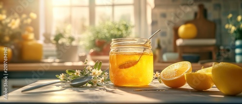 Honey jar with lemons and flowers in sunlight kitchen setting