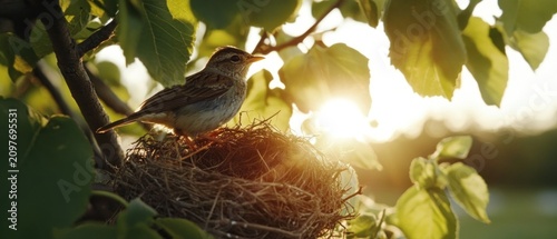 Bird on nest at golden hour sunlight nature wildlife photography