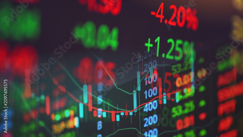 Photography Financial trading charts and fluctuating stock markets: Analyzing international